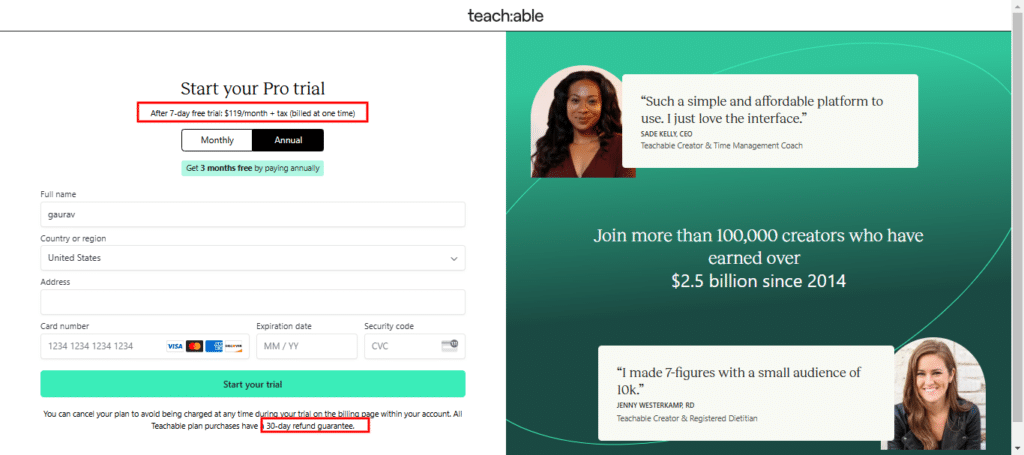 Teachable free trial